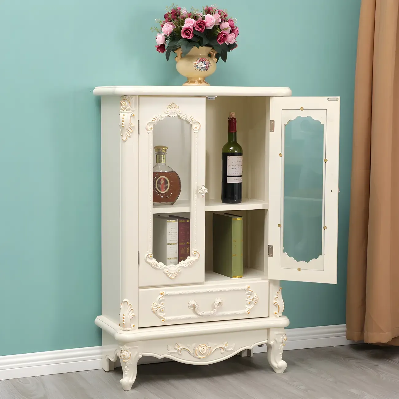Vintage White Wooden Display Cabinet with Glass Doors Image - 1