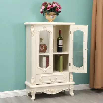 Vintage White Wooden Display Cabinet with Glass Doors Image - 1