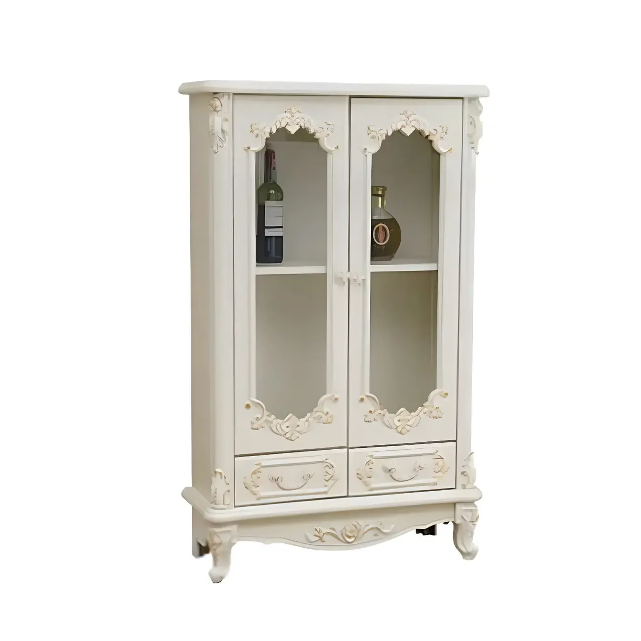 Vintage White Wooden Display Cabinet with Glass Doors Image - 5