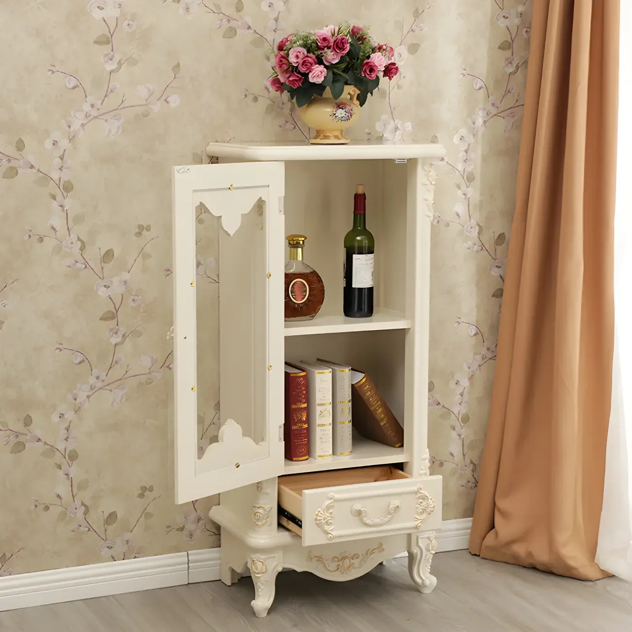 Vintage White Wooden Display Cabinet with Glass Doors Image - 6