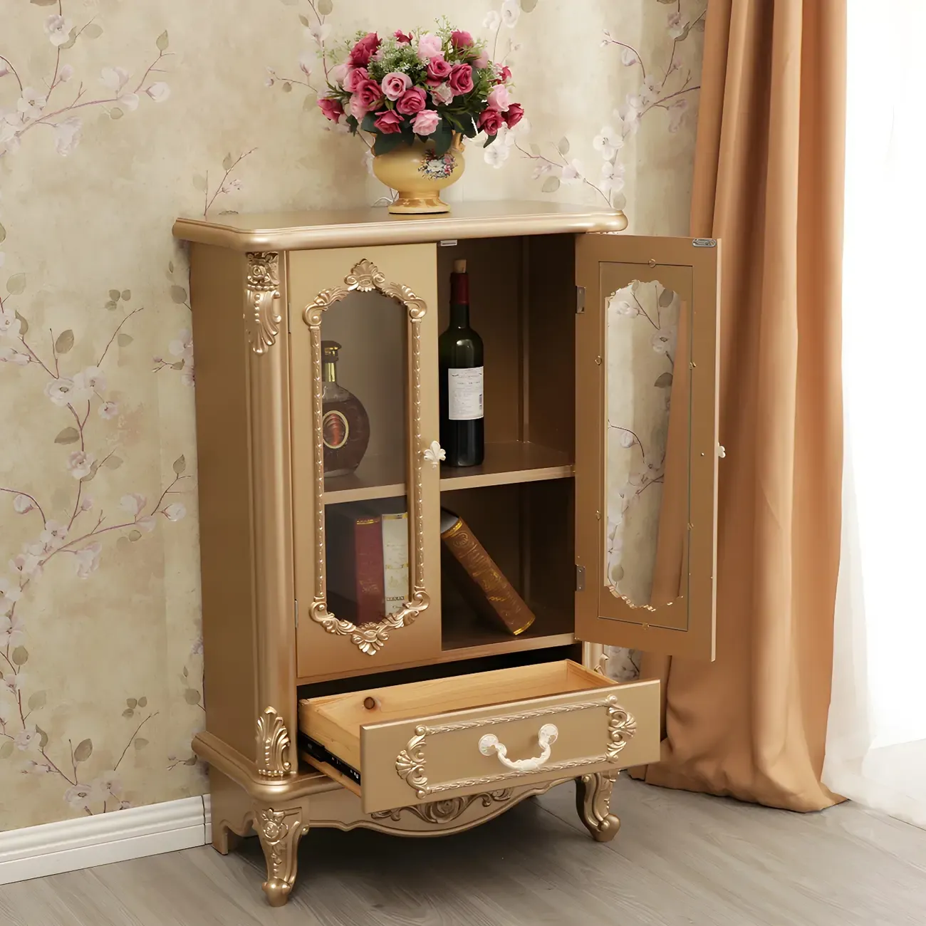 Vintage White Wooden Display Cabinet with Glass Doors Image - 8