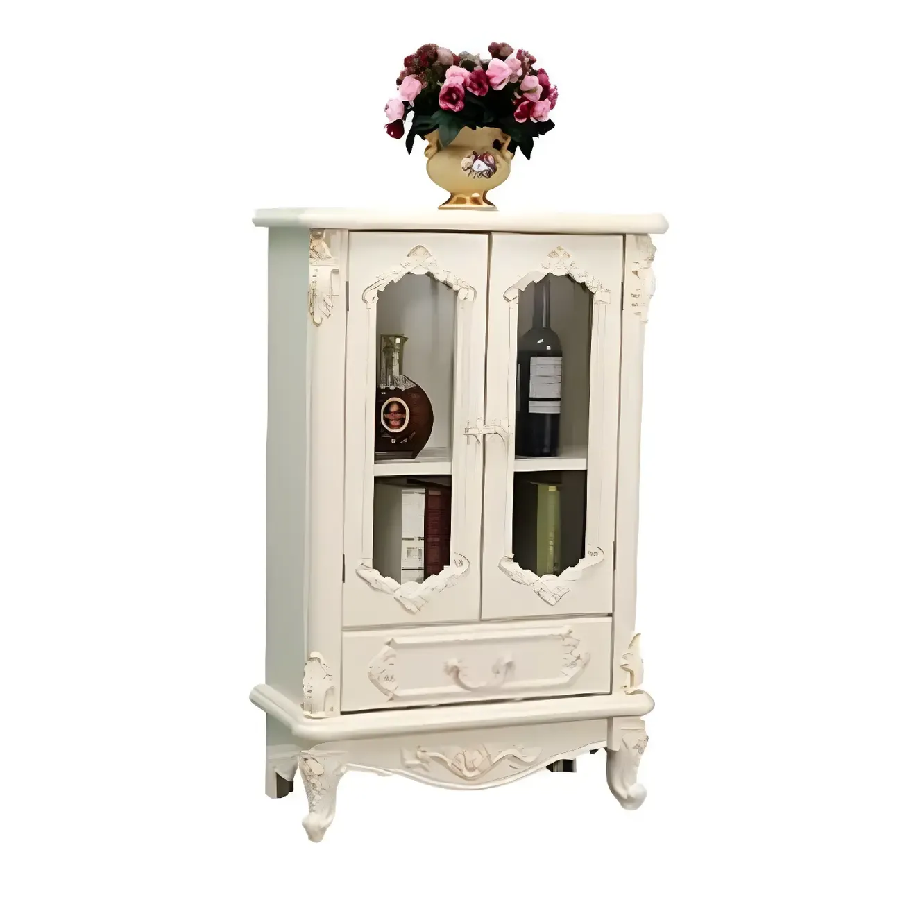 Vintage White Wooden Display Cabinet with Glass Doors Image - 9
