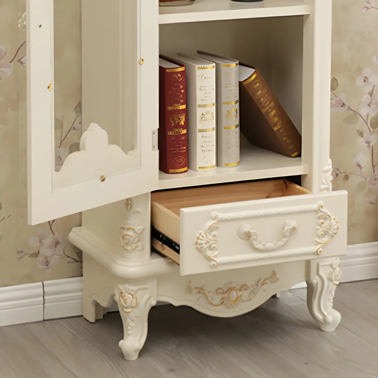 Vintage White Wooden Display Cabinet with Glass Doors Image - 14 | homeyfad