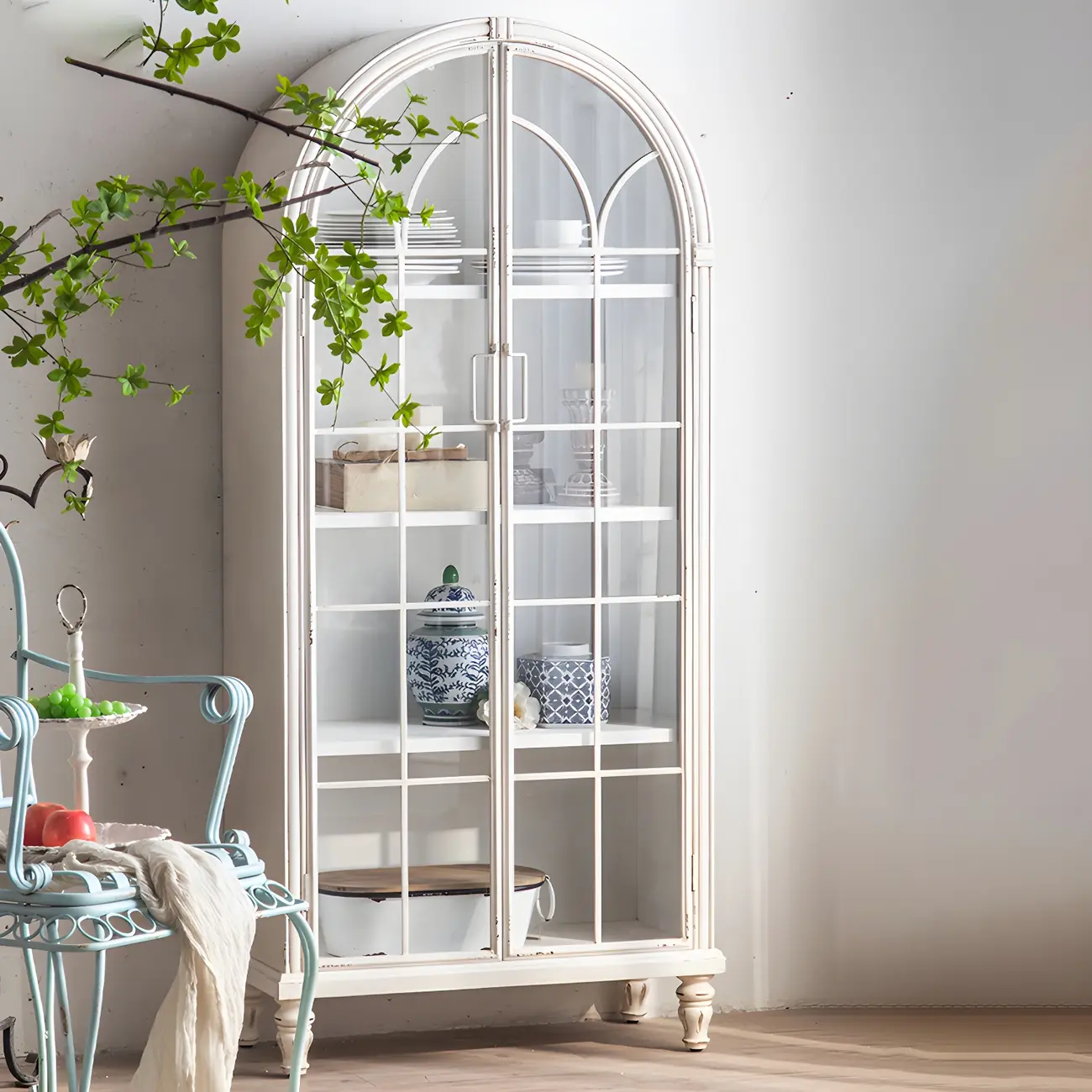 Vintage Wooden Curio Cabinet with Arched Glass Doors Image - 1 | homeyfad
