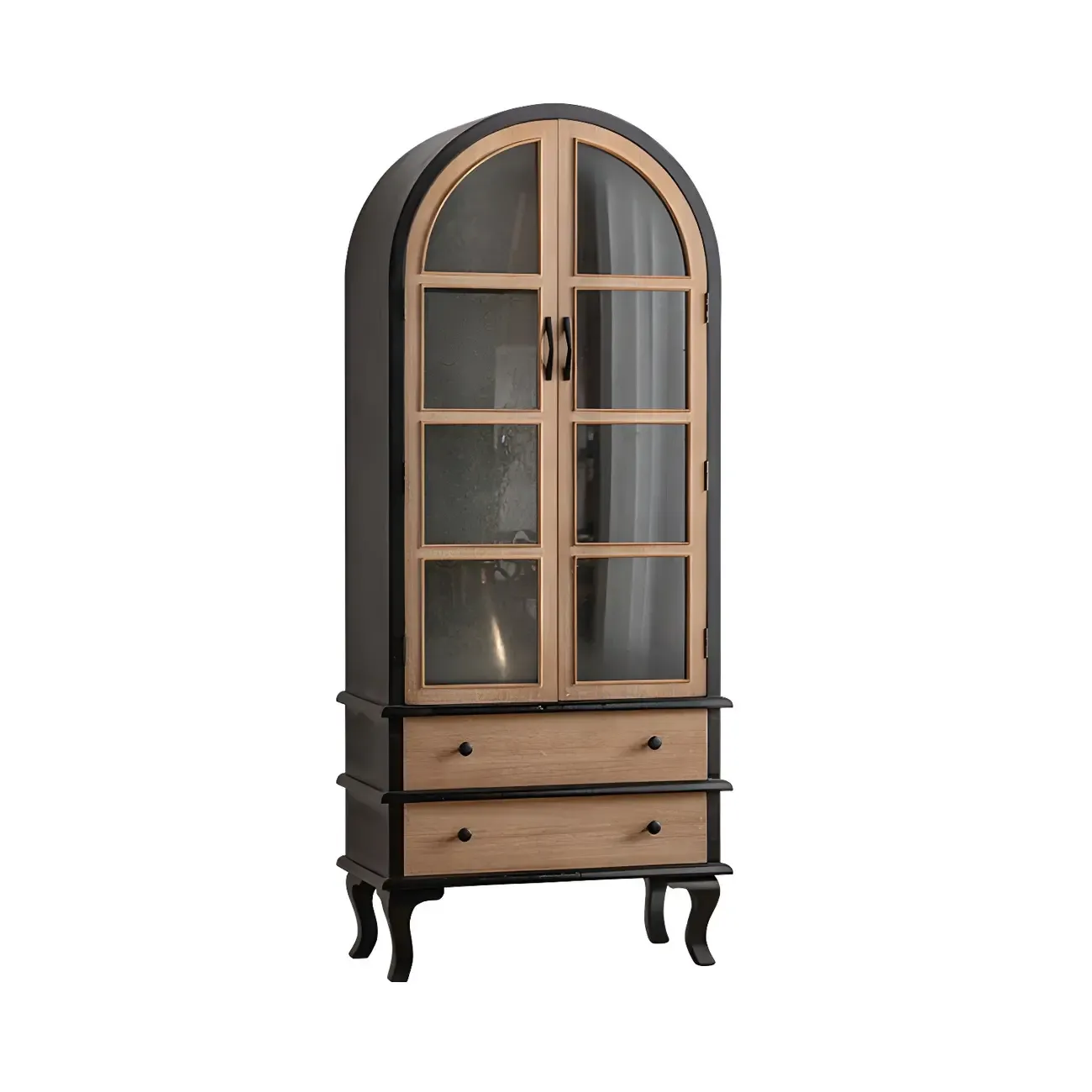 Vintage Wooden Curio Cabinet with Arched Glass Doors Image - 2