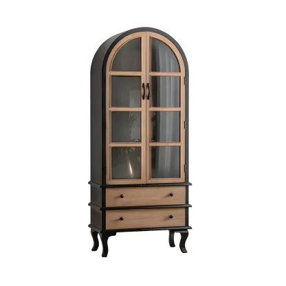 Vintage Wooden Curio Cabinet with Arched Glass Doors Image - 2