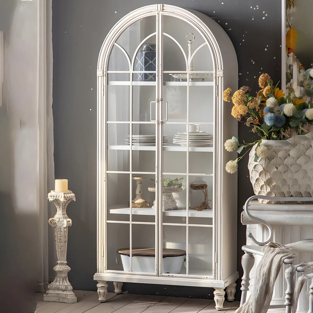 Vintage Wooden Curio Cabinet with Arched Glass Doors Image - 4 | homeyfad