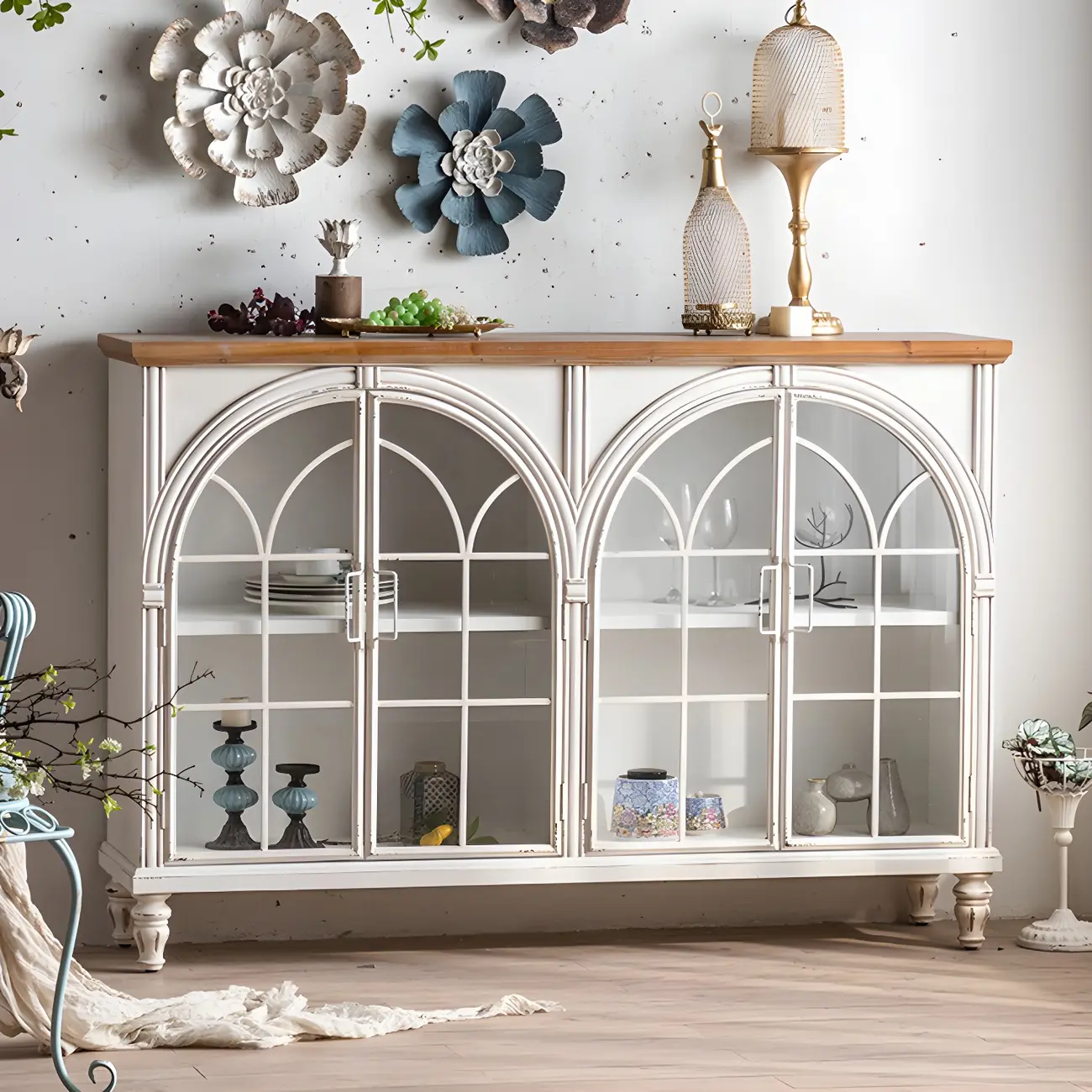 Vintage Wooden Curio Cabinet with Arched Glass Doors Image - 5 | homeyfad