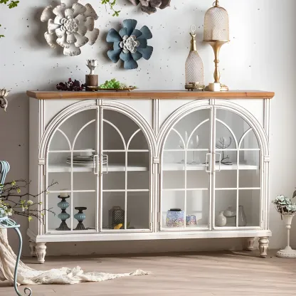Vintage Wooden Curio Cabinet with Arched Glass Doors Image - 5