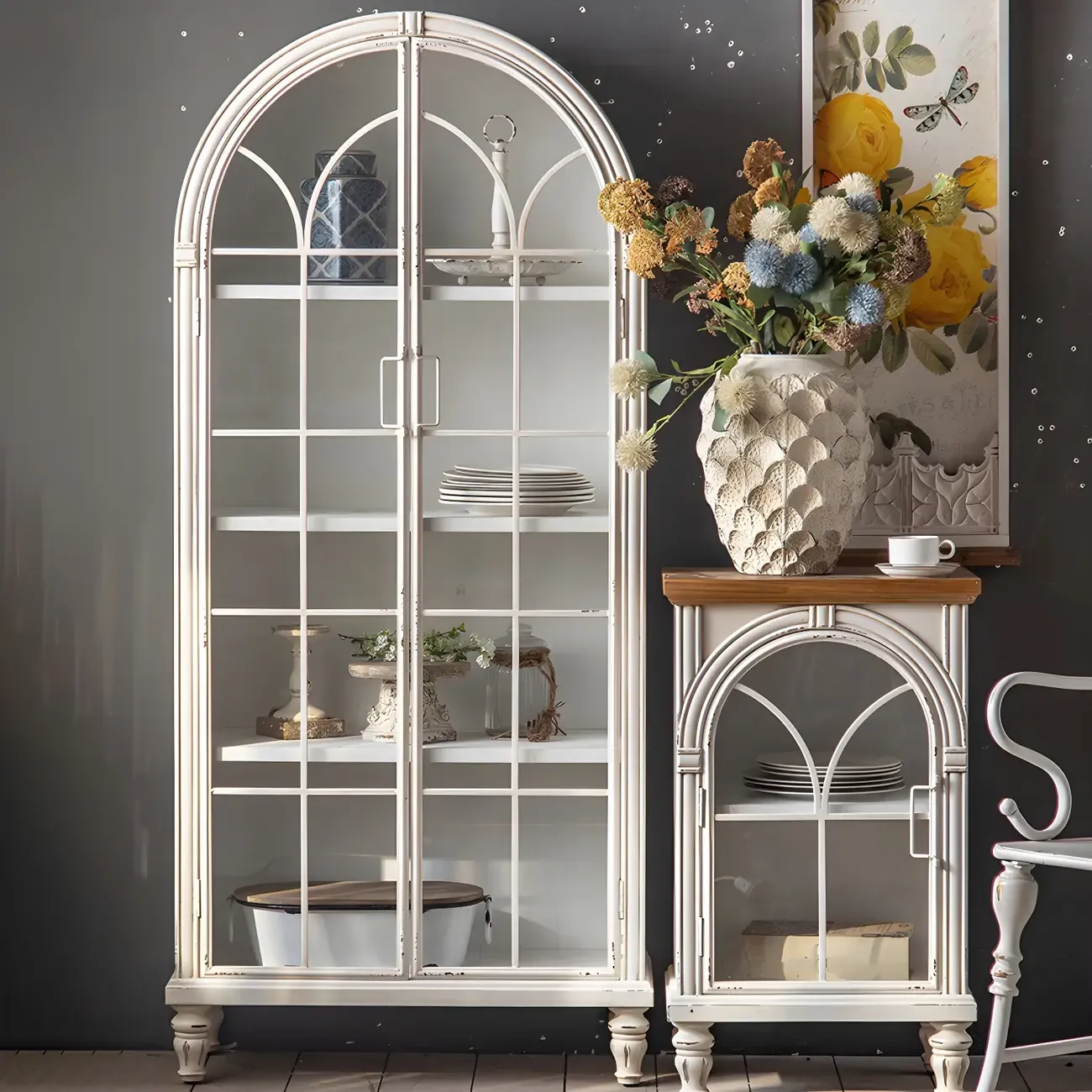 Vintage Wooden Curio Cabinet with Arched Glass Doors Image - 6