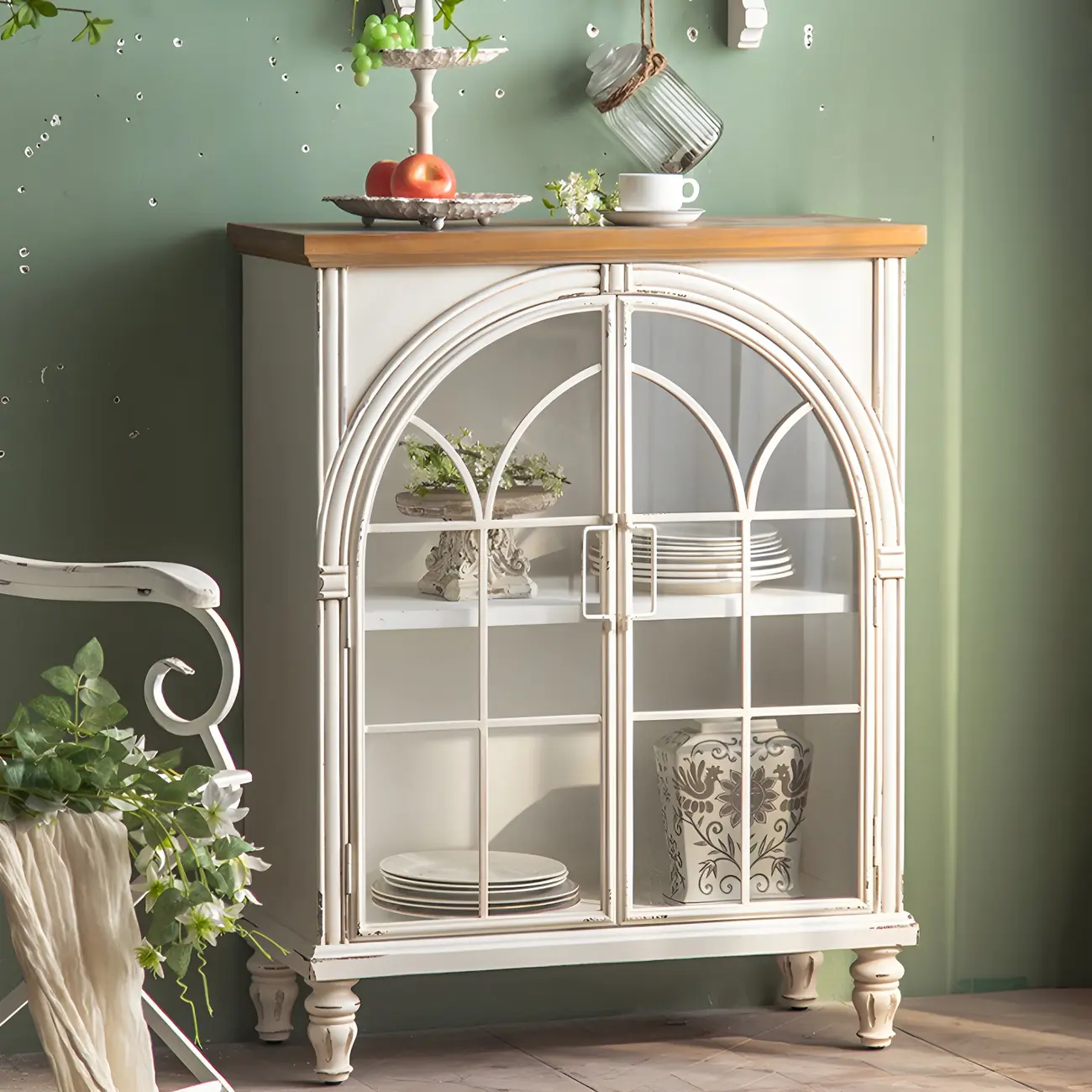 Vintage Wooden Curio Cabinet with Arched Glass Doors Image - 7 | homeyfad