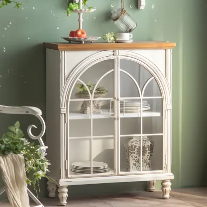 Vintage Wooden Curio Cabinet with Arched Glass Doors Image - 7