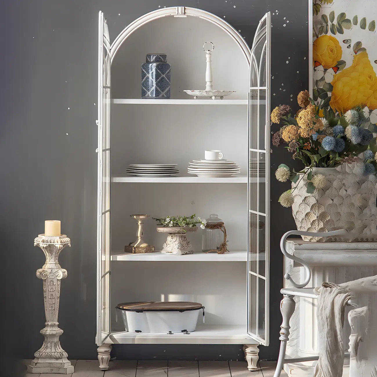 Vintage Wooden Curio Cabinet with Arched Glass Doors Image - 8 | homeyfad
