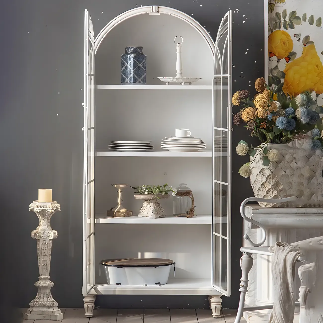 Vintage Wooden Curio Cabinet with Arched Glass Doors Image - 8