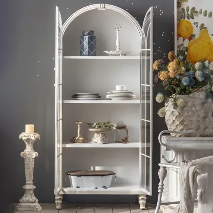 Vintage Wooden Curio Cabinet with Arched Glass Doors Image - 8