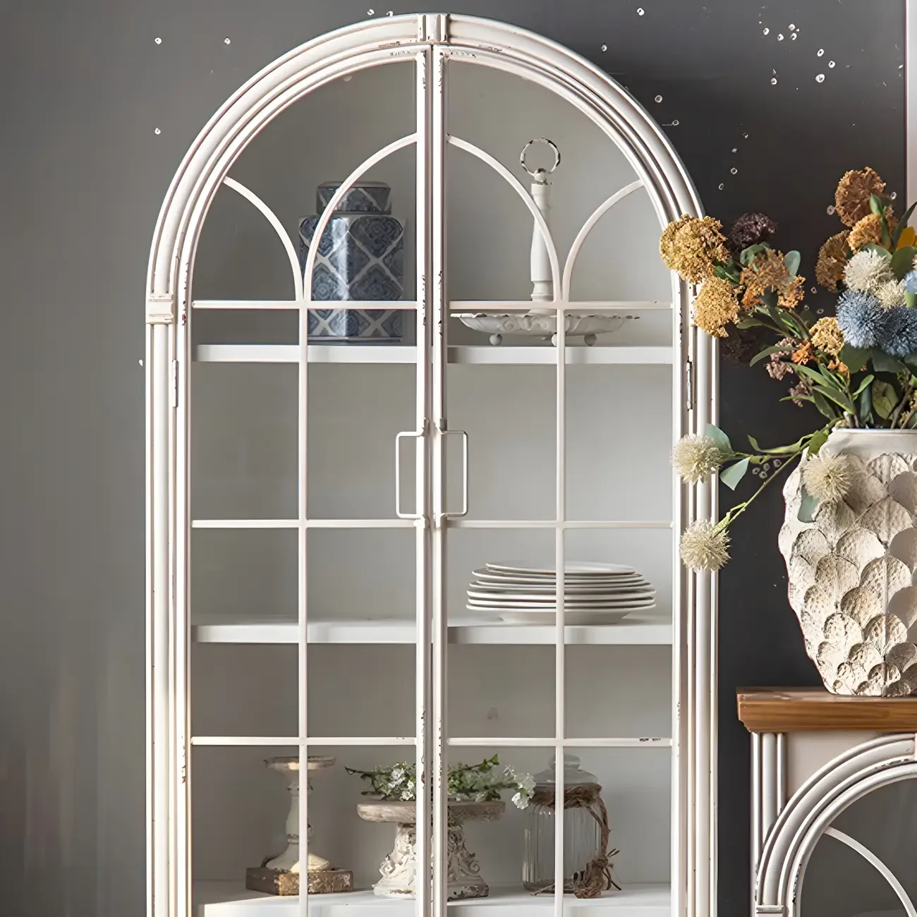 Vintage Wooden Curio Cabinet with Arched Glass Doors Image - 12