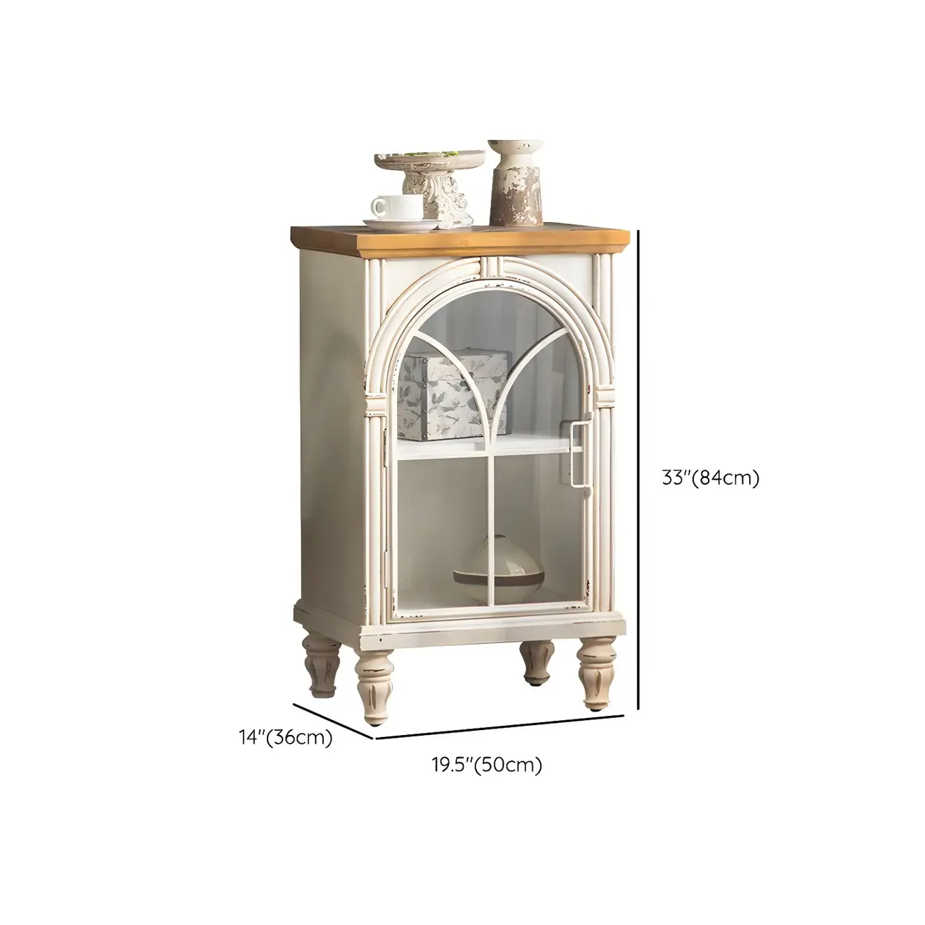 Vintage Wooden Curio Cabinet with Arched Glass Doors #size
