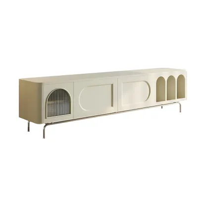 Modern White Wooden Juliet Arc TV Stand with Open Shelves Image - 6