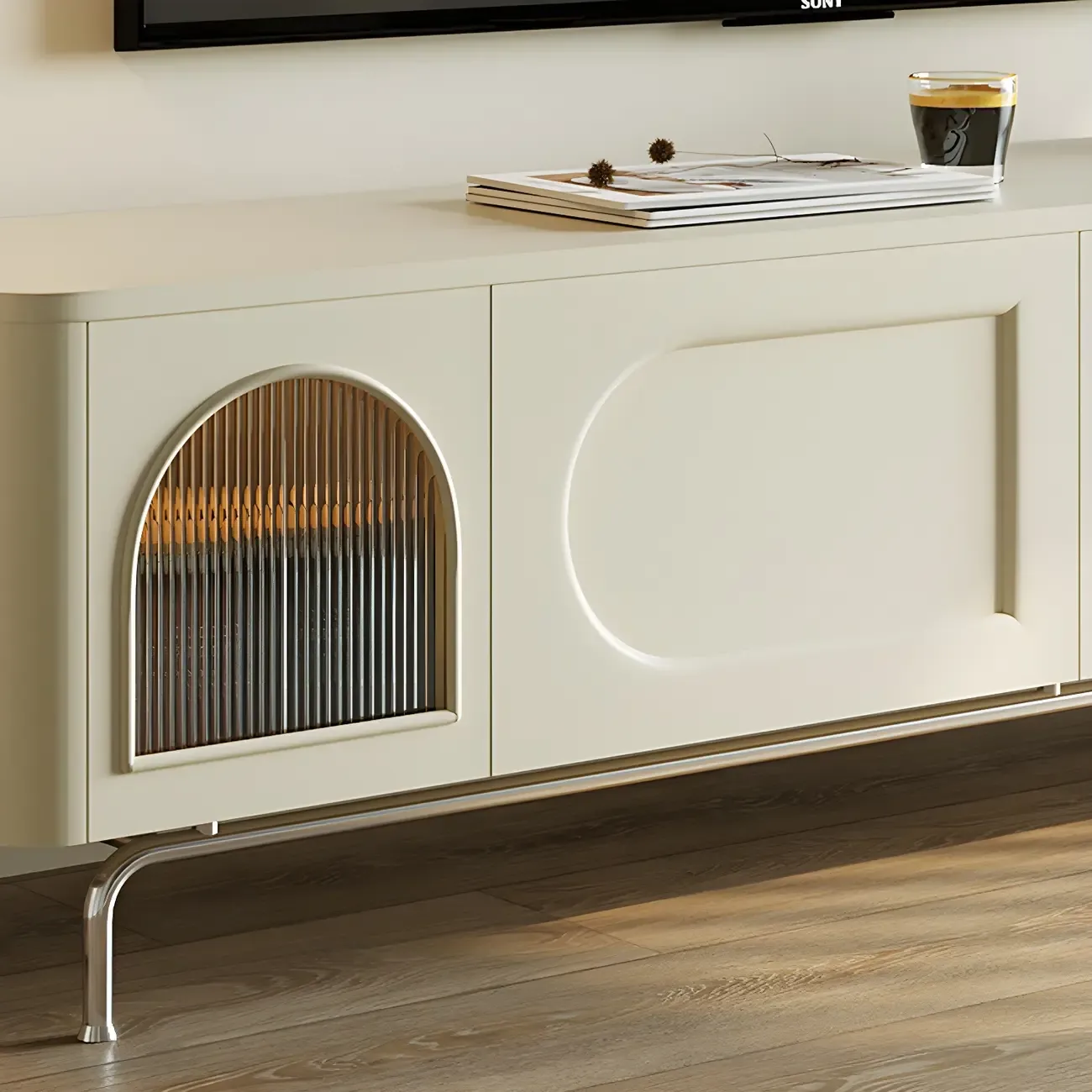 Modern White Wooden Juliet Arc TV Stand with Open Shelves Image - 7