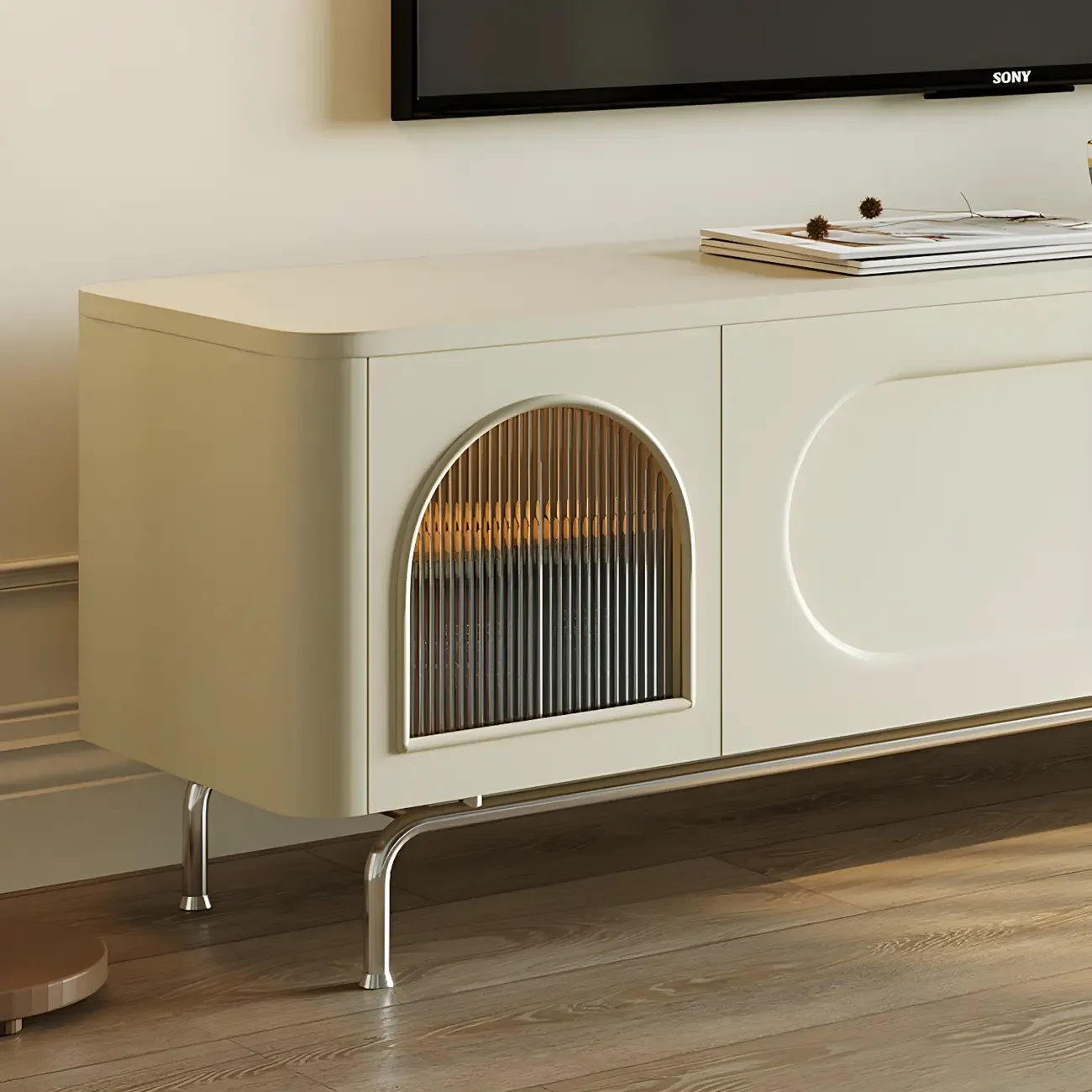 Modern White Wooden Juliet Arc TV Stand with Open Shelves Image - 8