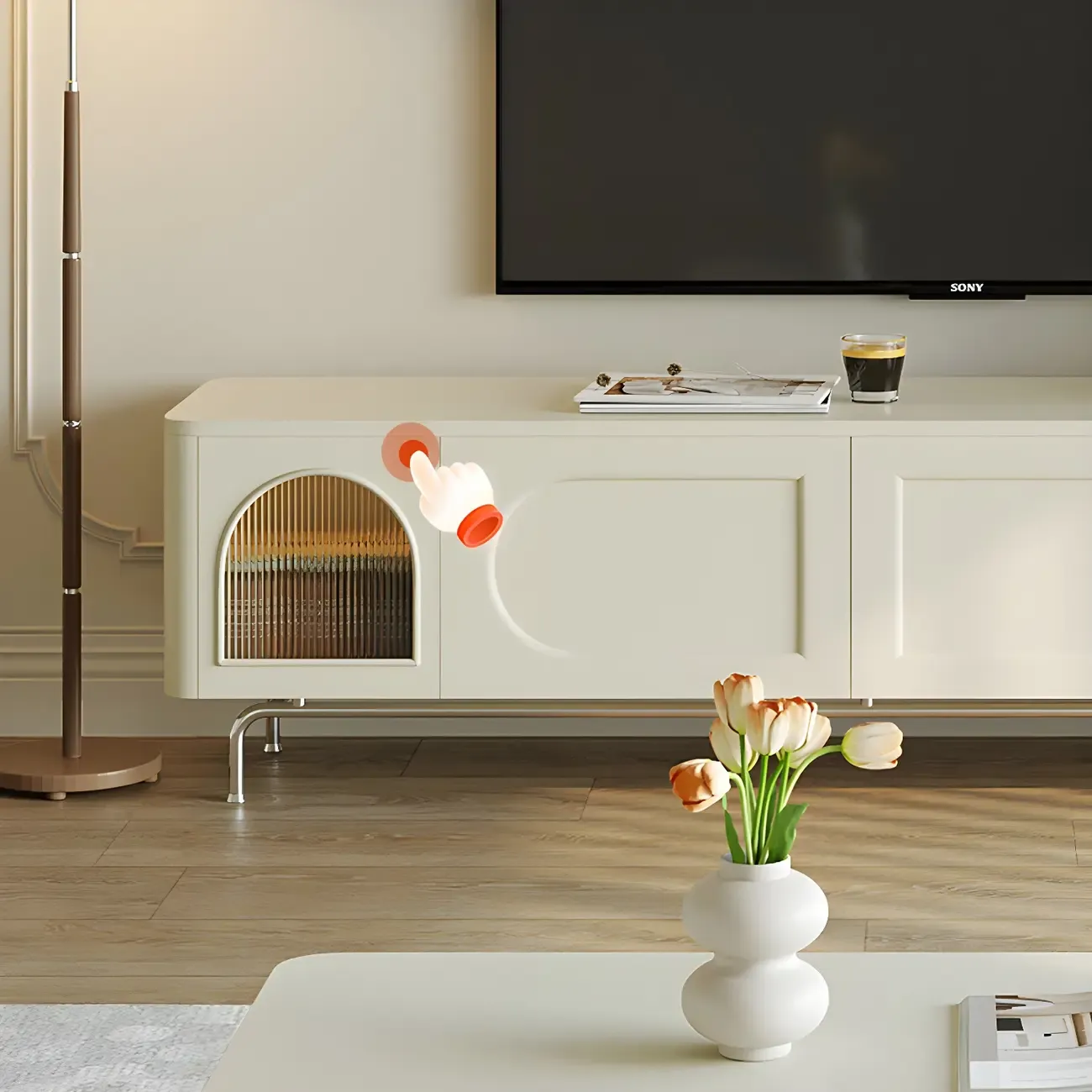 Modern White Wooden Juliet Arc TV Stand with Open Shelves Image - 10