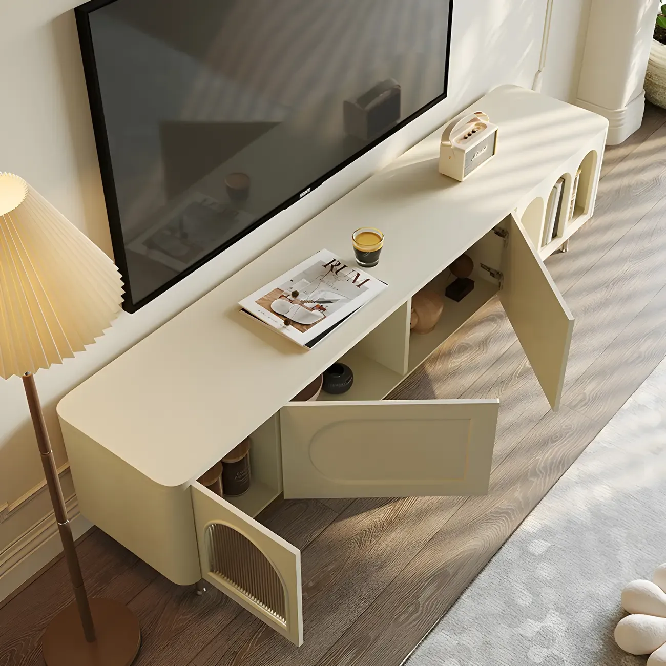 Modern White Wooden Juliet Arc TV Stand with Open Shelves Image - 11