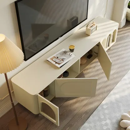 Modern White Wooden Juliet Arc TV Stand with Open Shelves Image - 11