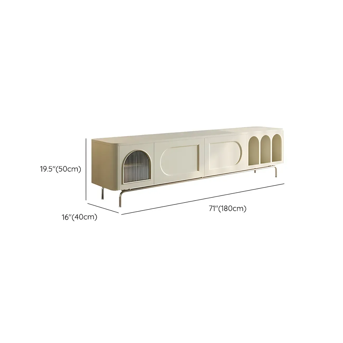 Modern White Wooden Juliet Arc TV Stand with Open Shelves Image - 14