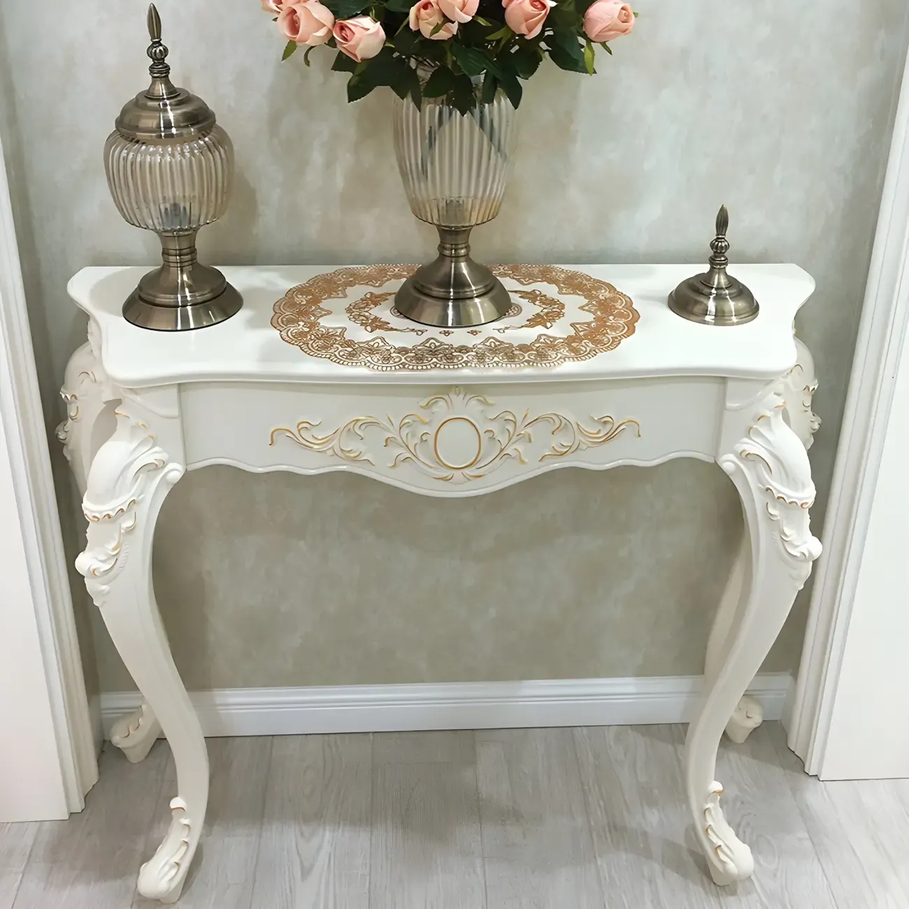 Vintage White Wood Free Form Narrow Console Table Image - 6
