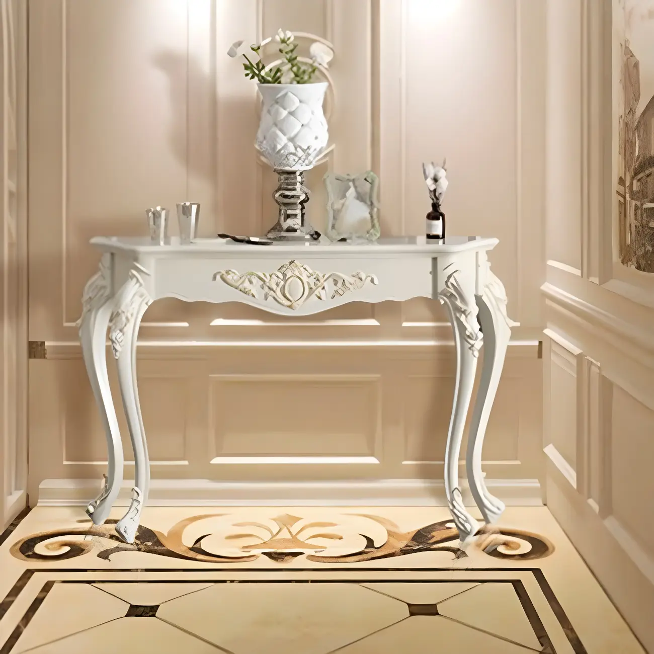 Vintage White Wood Free Form Narrow Console Table Image - 15 | homeyfad