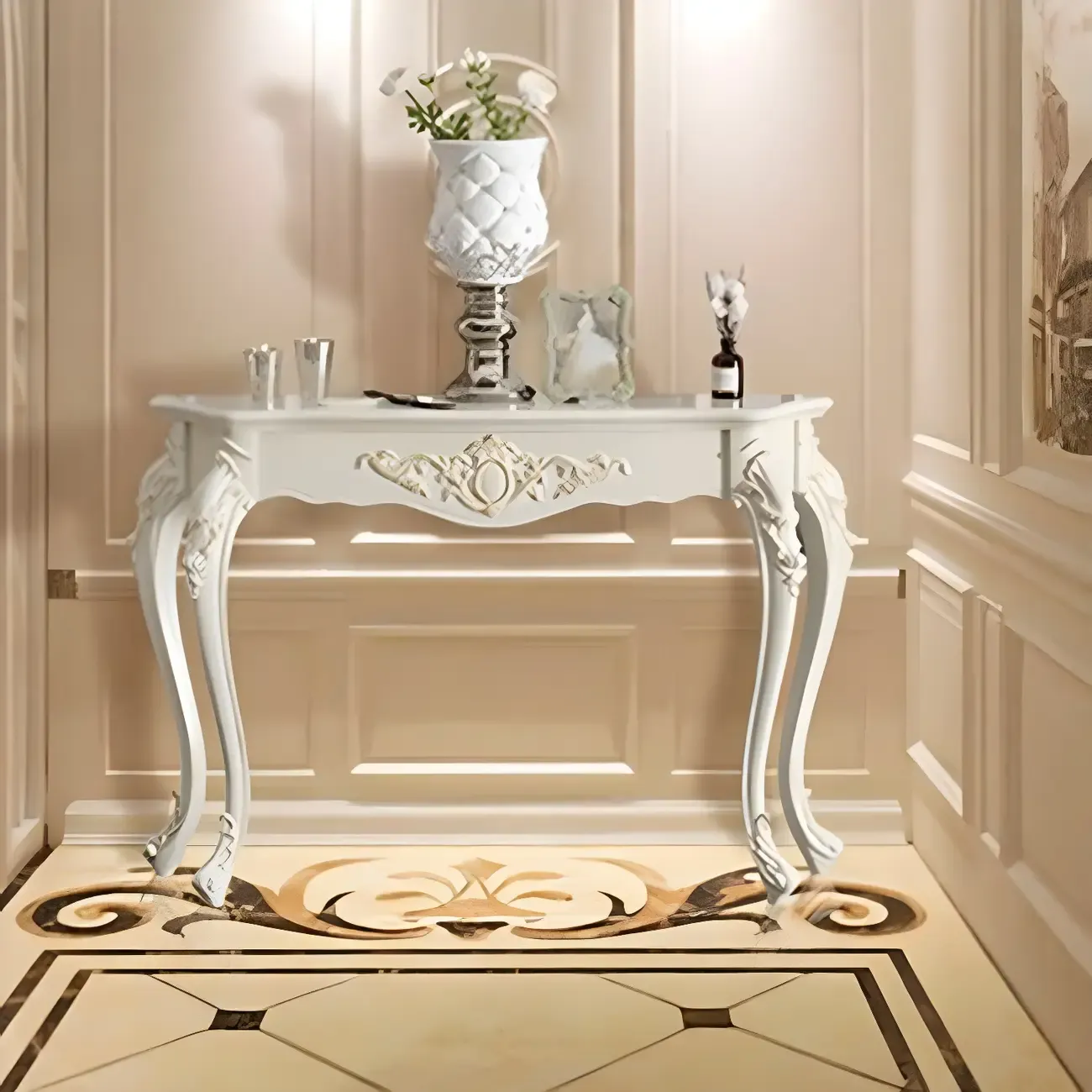 Vintage White Wood Free Form Narrow Console Table Image - 15