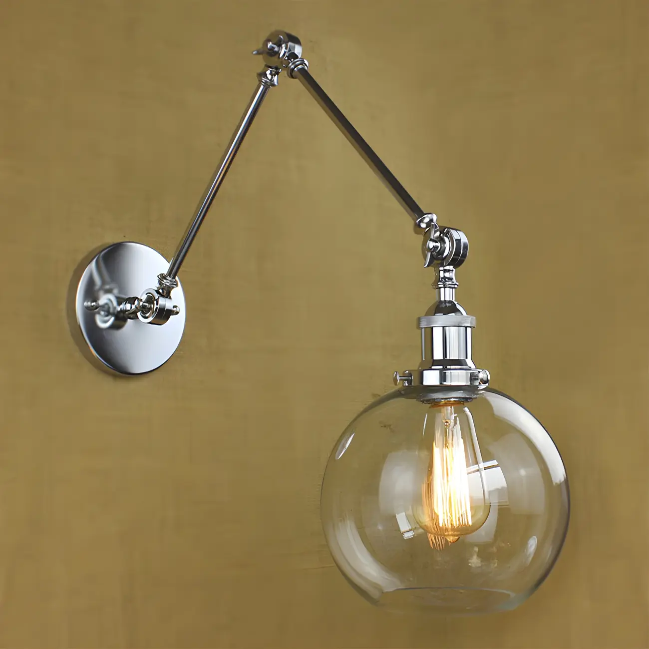 Industrial Silver Swing Arm Wall Light with Globe Clear Shade Image - 1 | homeyfad
