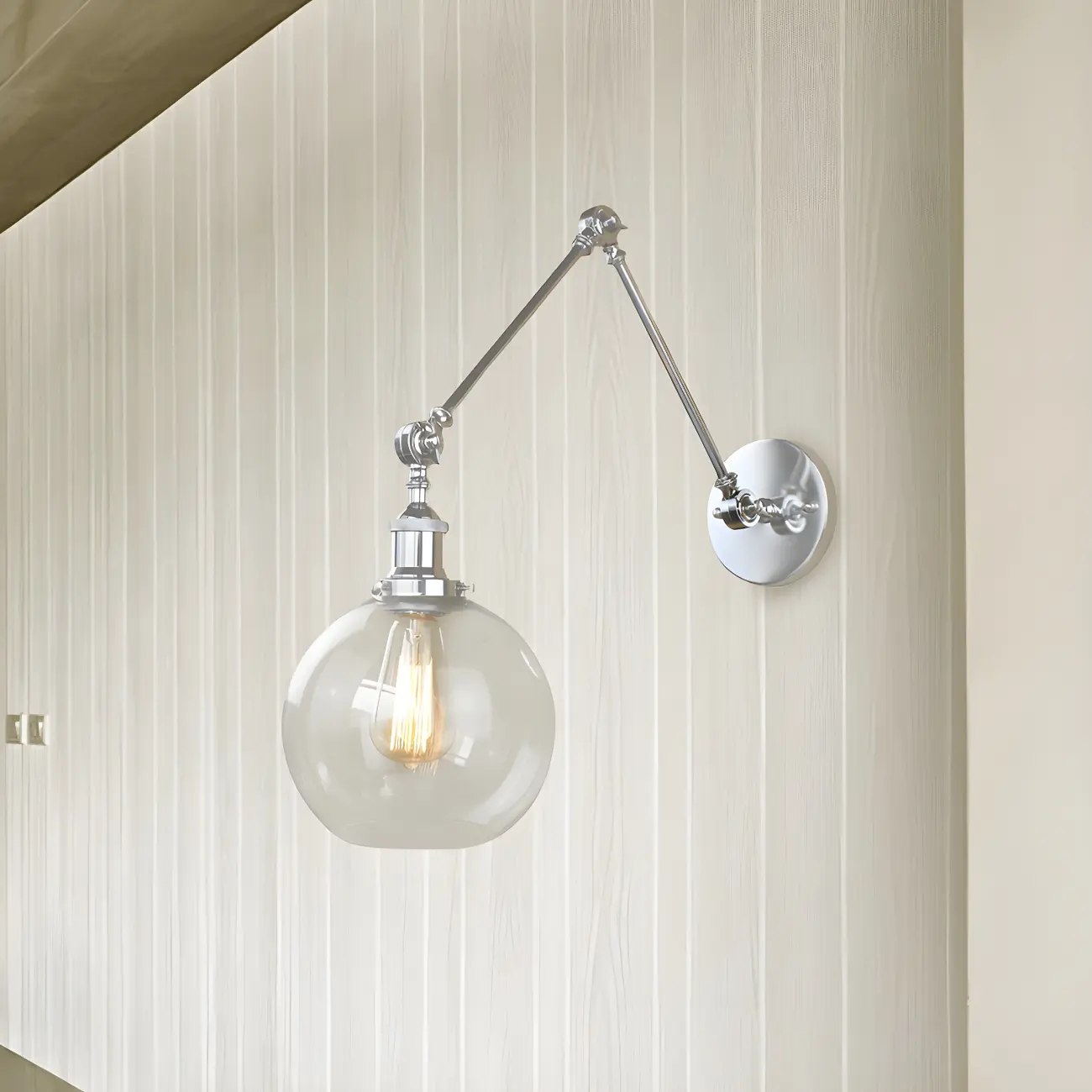 Industrial Silver Swing Arm Wall Light with Globe Clear Shade Image - 2 | homeyfad