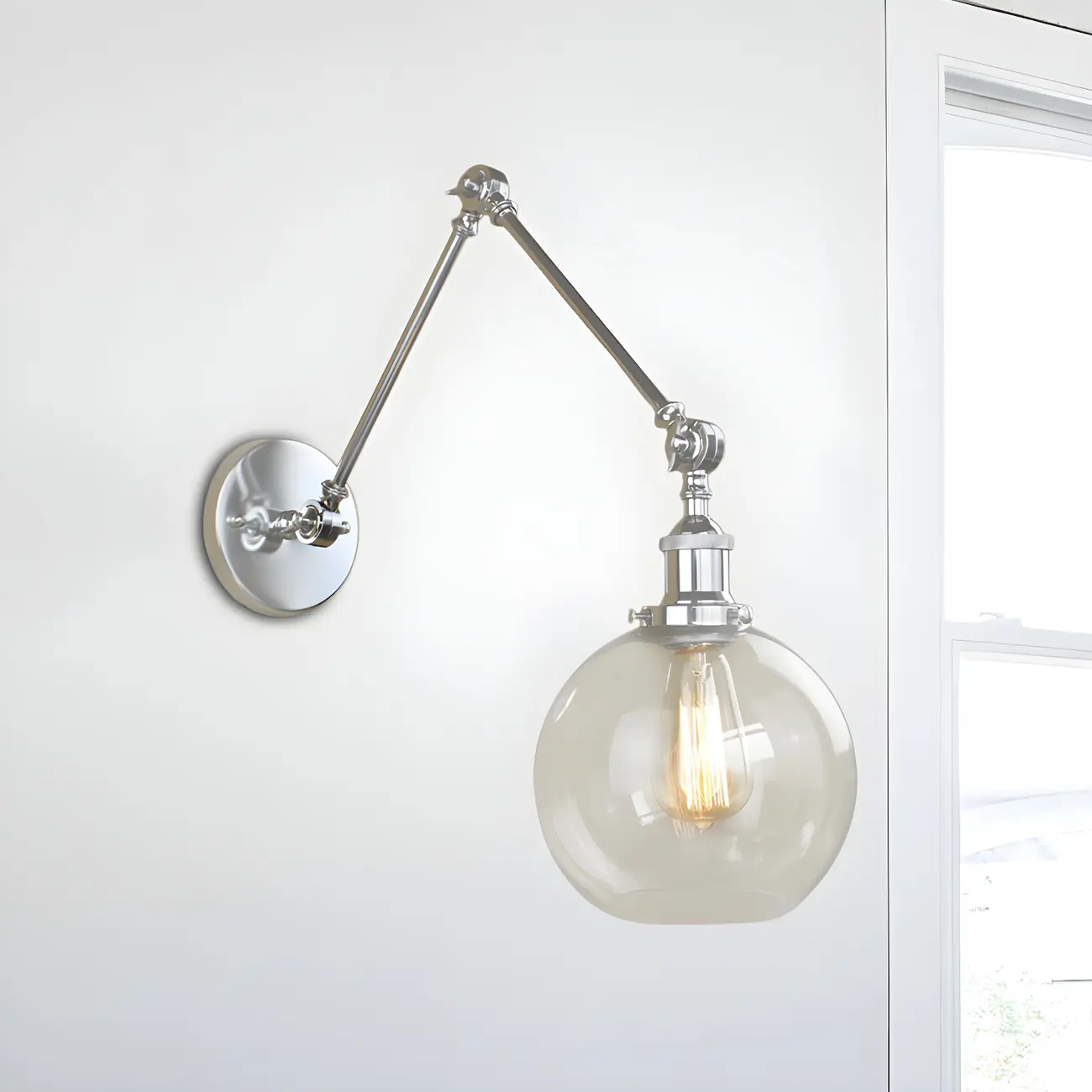 Industrial Silver Swing Arm Wall Light with Globe Clear Shade Image - 3 | homeyfad