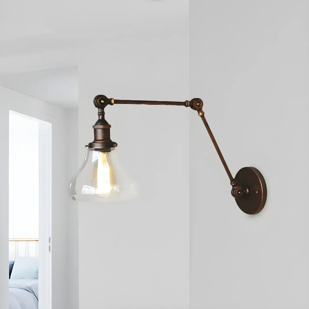  Clear Glass Pear Shade Rustic Metal Swing Arm Wall Light Image - 3