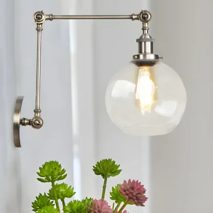 Vintage Brass Clear Glass Globe Swing Arm Wall Light Image - 1