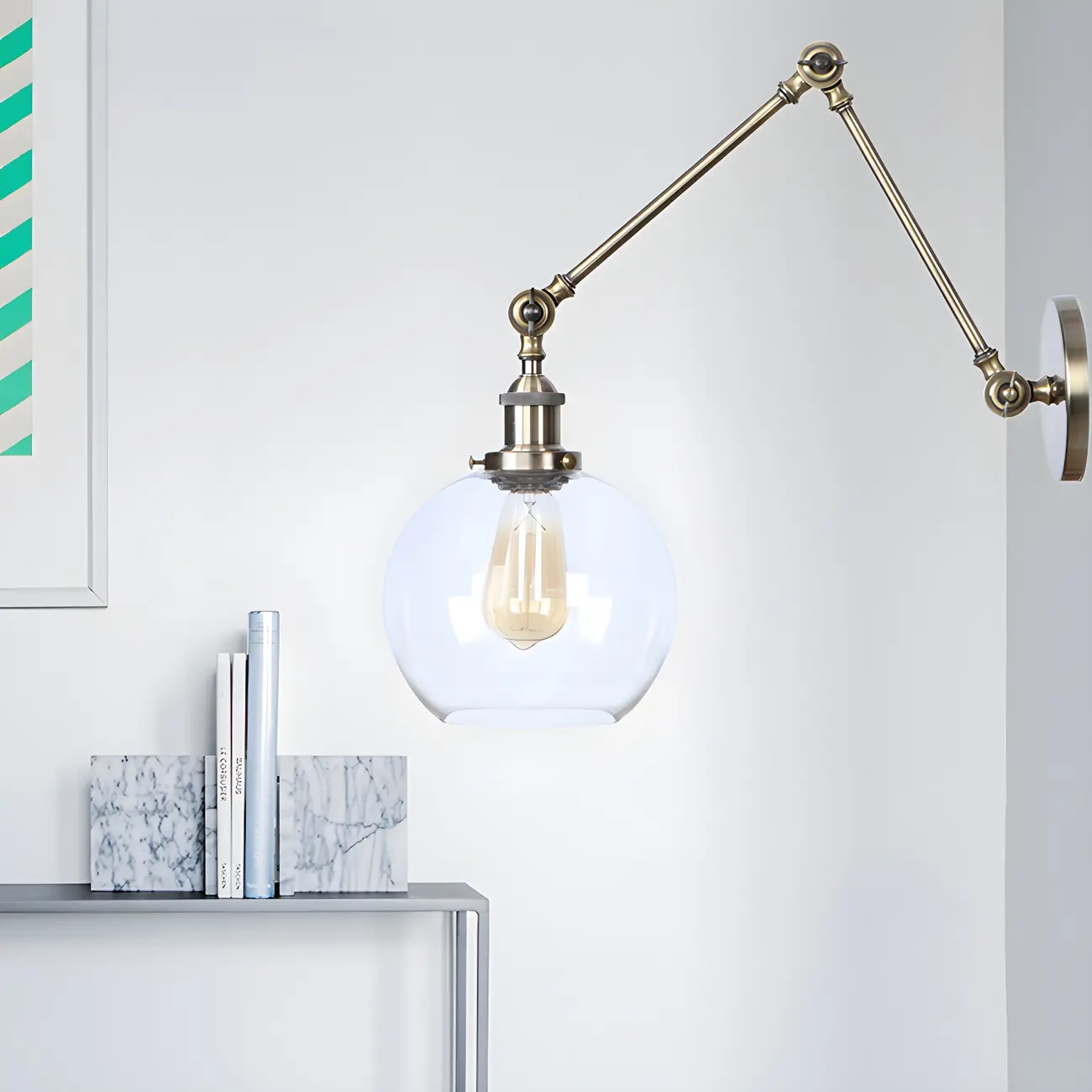 Vintage Brass Clear Glass Globe Swing Arm Wall Light Image - 2 | homeyfad