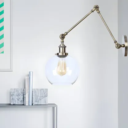 Vintage Brass Clear Glass Globe Swing Arm Wall Light Image - 2