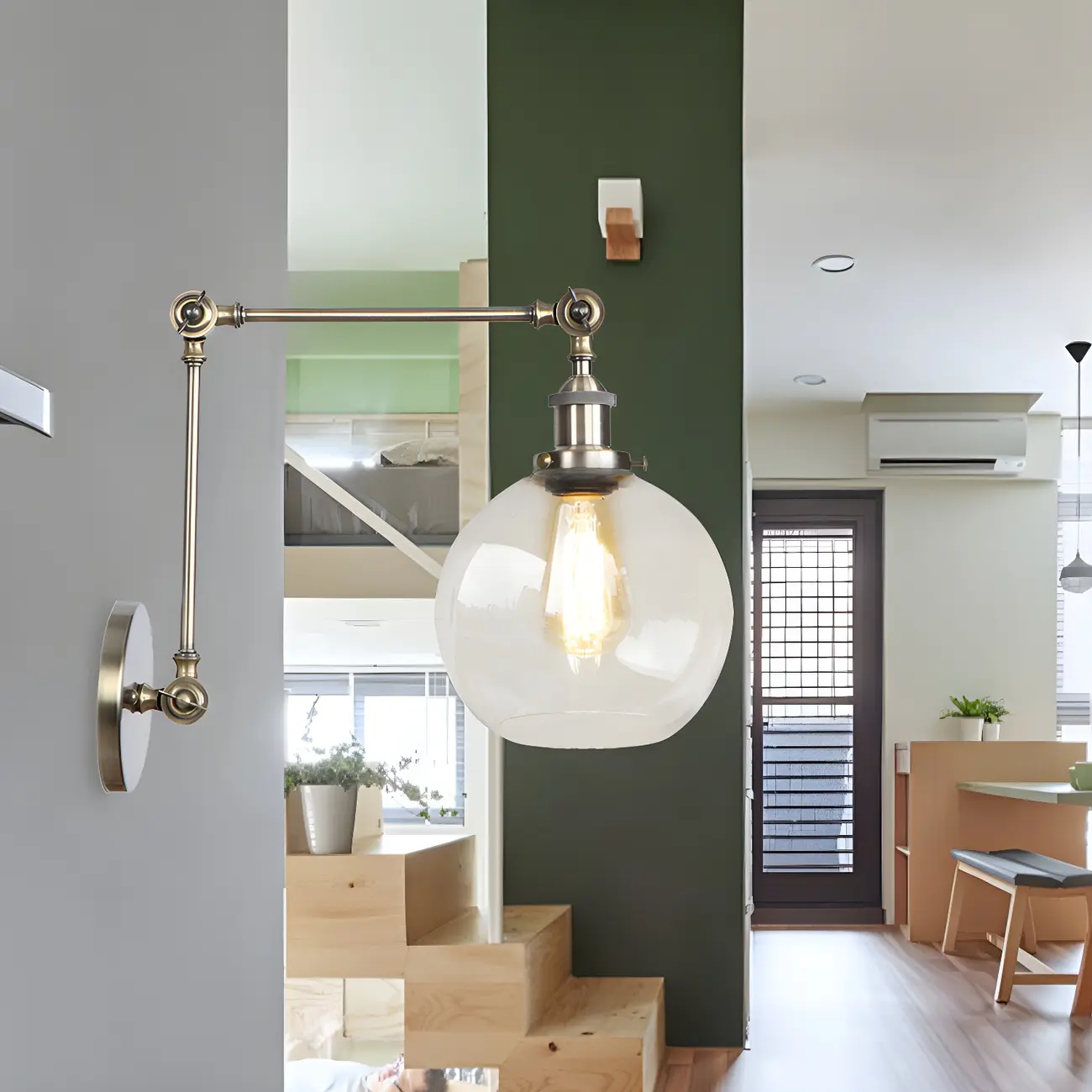 Vintage Brass Clear Glass Globe Swing Arm Wall Light Image - 3 | homeyfad