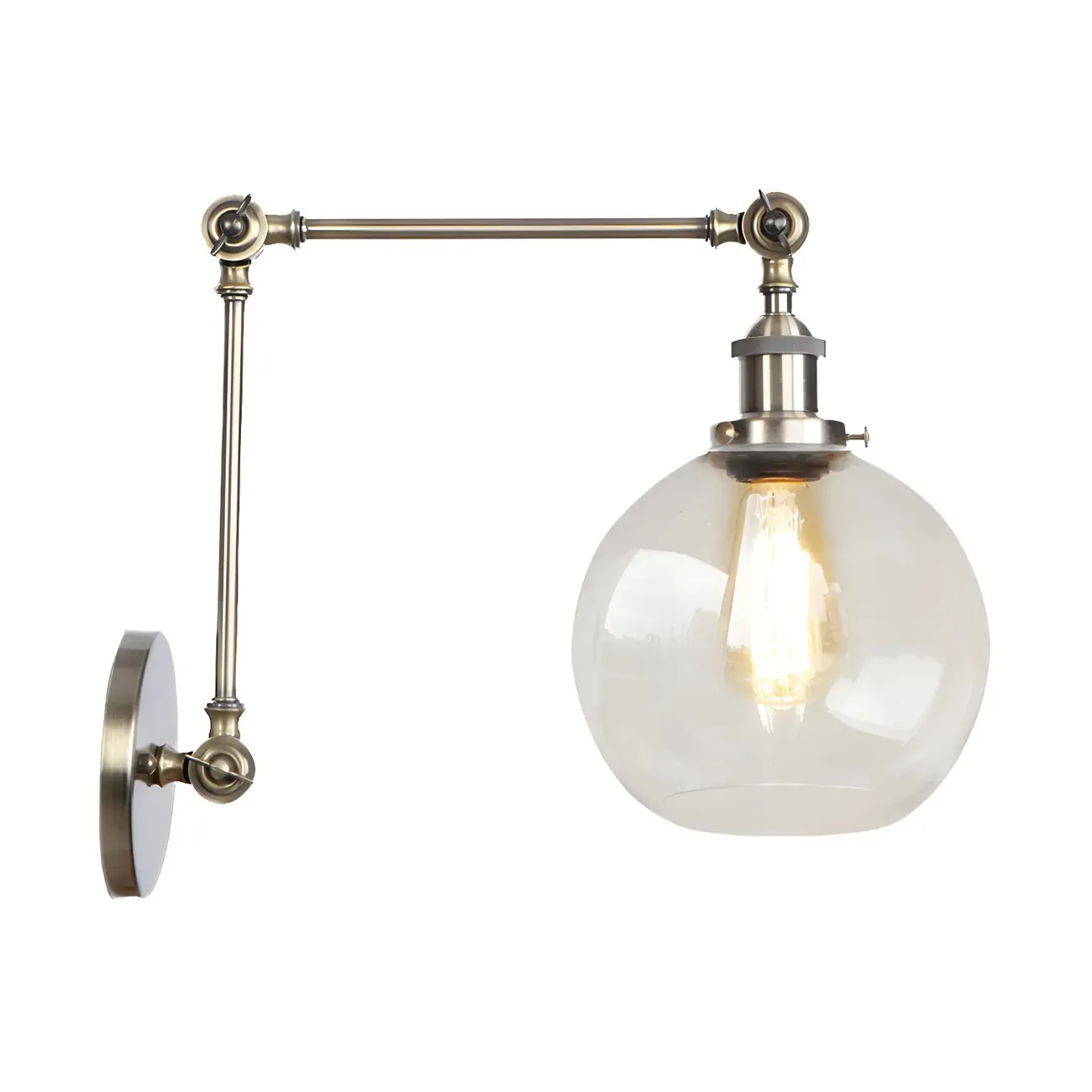 Vintage Brass Clear Glass Globe Swing Arm Wall Light Image - 4