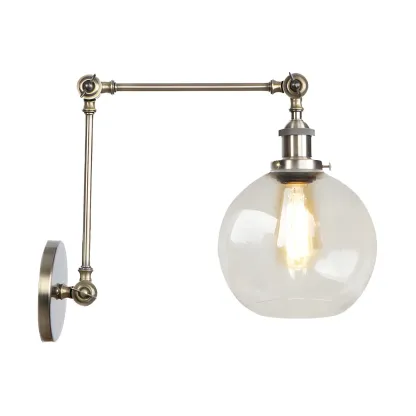 Vintage Brass Clear Glass Globe Swing Arm Wall Light Image - 4