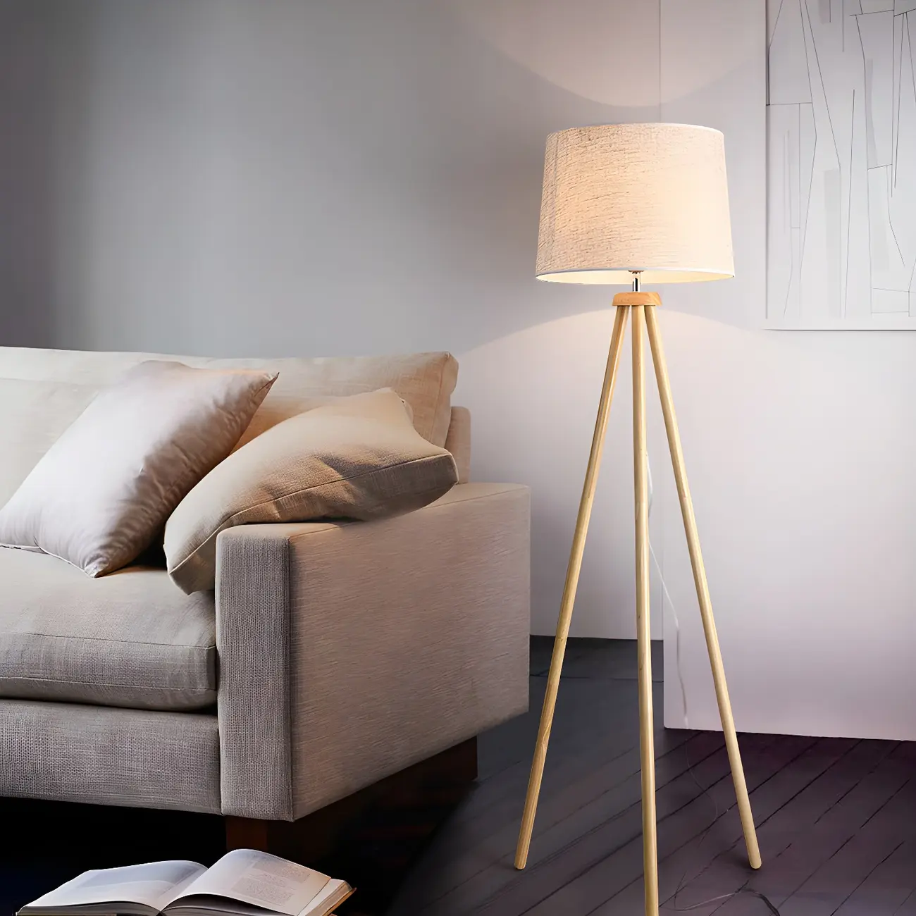 Plug In 59" Wooden Tripod Floor Lamp with Fabric Shade Image - 2 | homeyfad