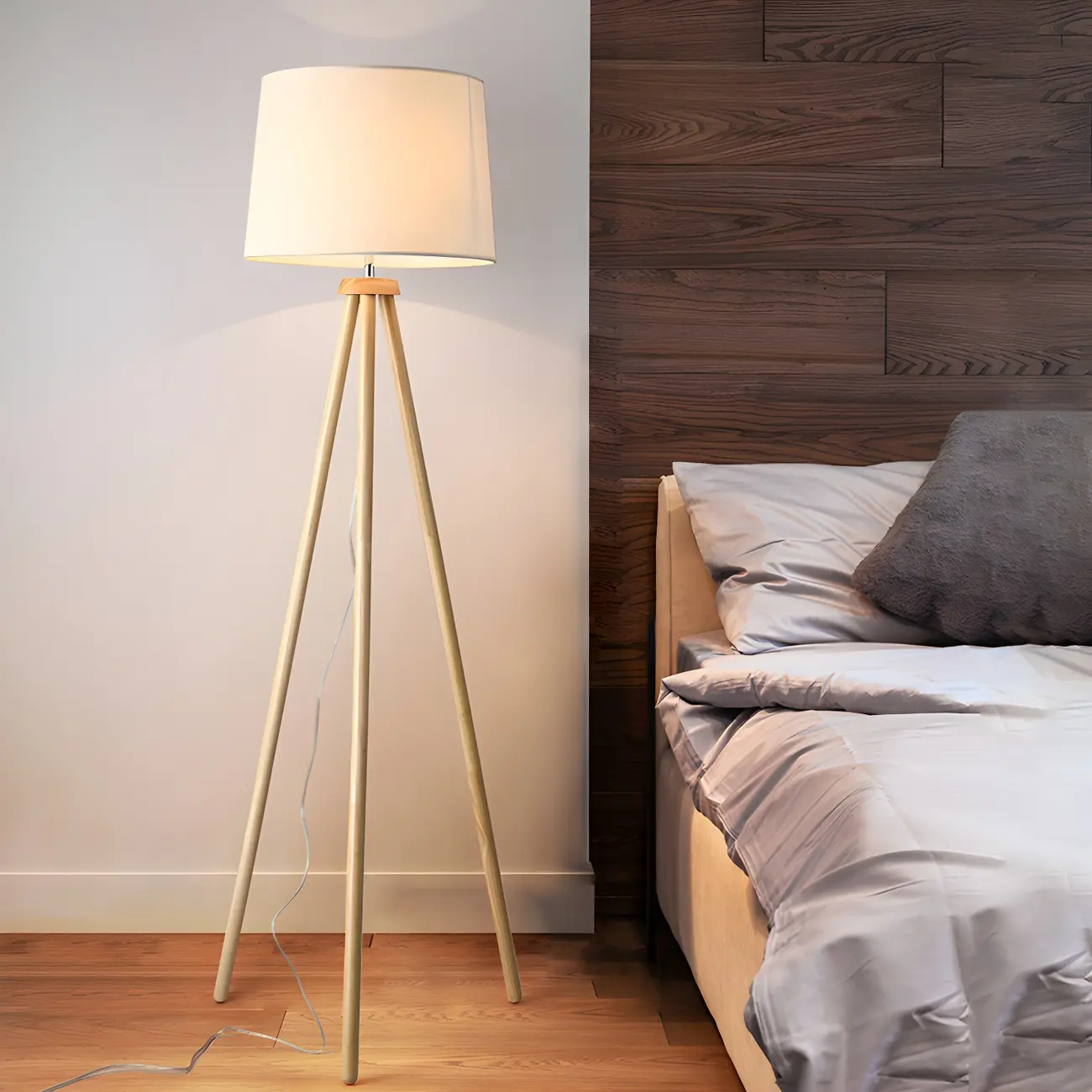 Plug In 59" Wooden Tripod Floor Lamp with Fabric Shade Image - 1 | homeyfad