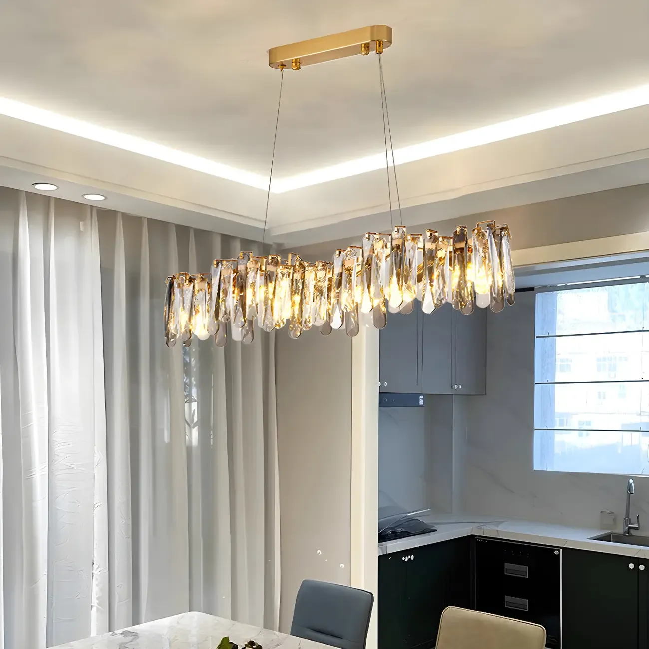 Elegant Grey Crystal Linear Island Pendant Light Image - 1