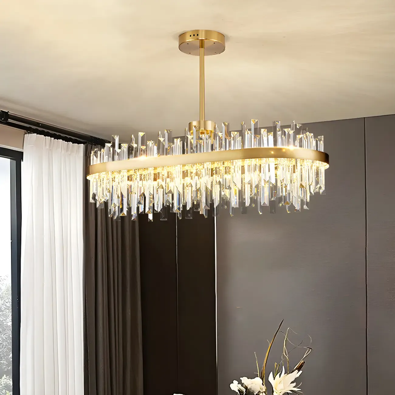 Modern Gold Oval Crystal LED Pendant Light for Kitchen Island Image - 1