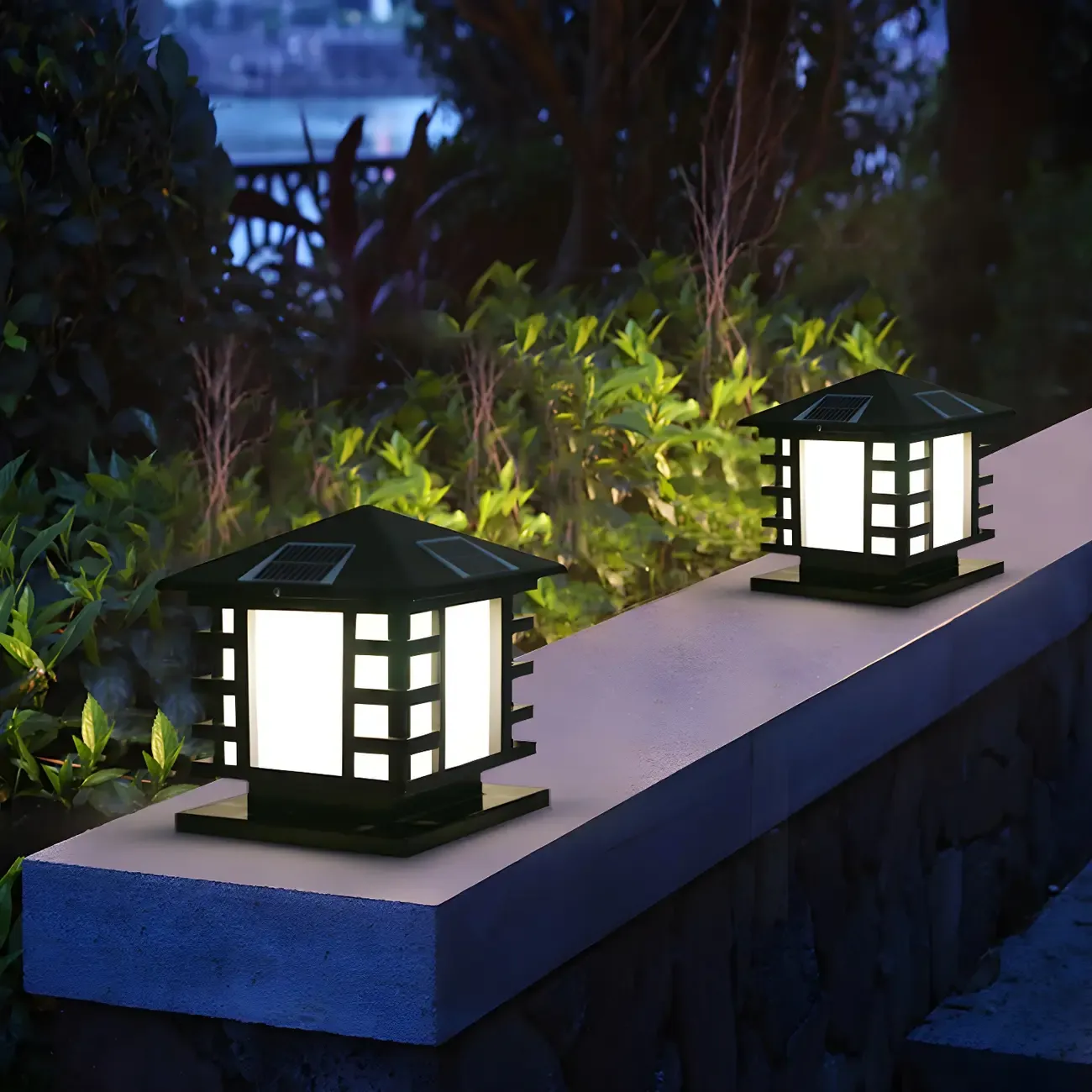 Solar Lantern-Shape Black Metal Post Cap Light Image - 1