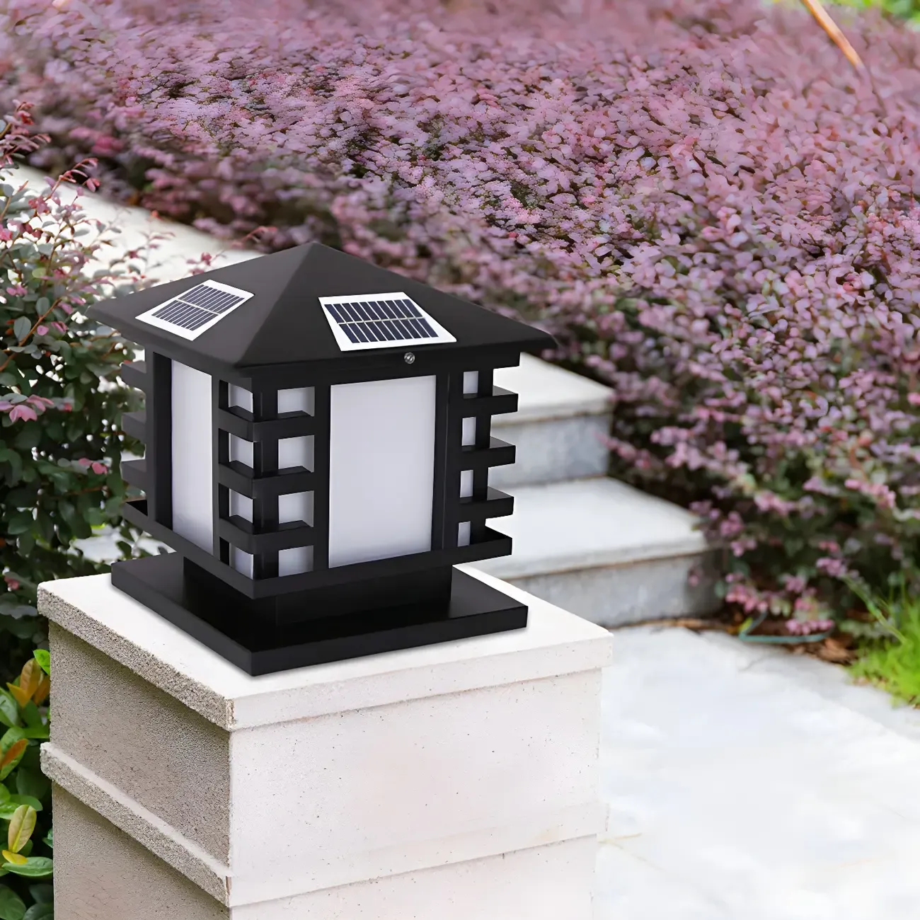 Solar Lantern-Shape Black Metal Post Cap Light Image - 2