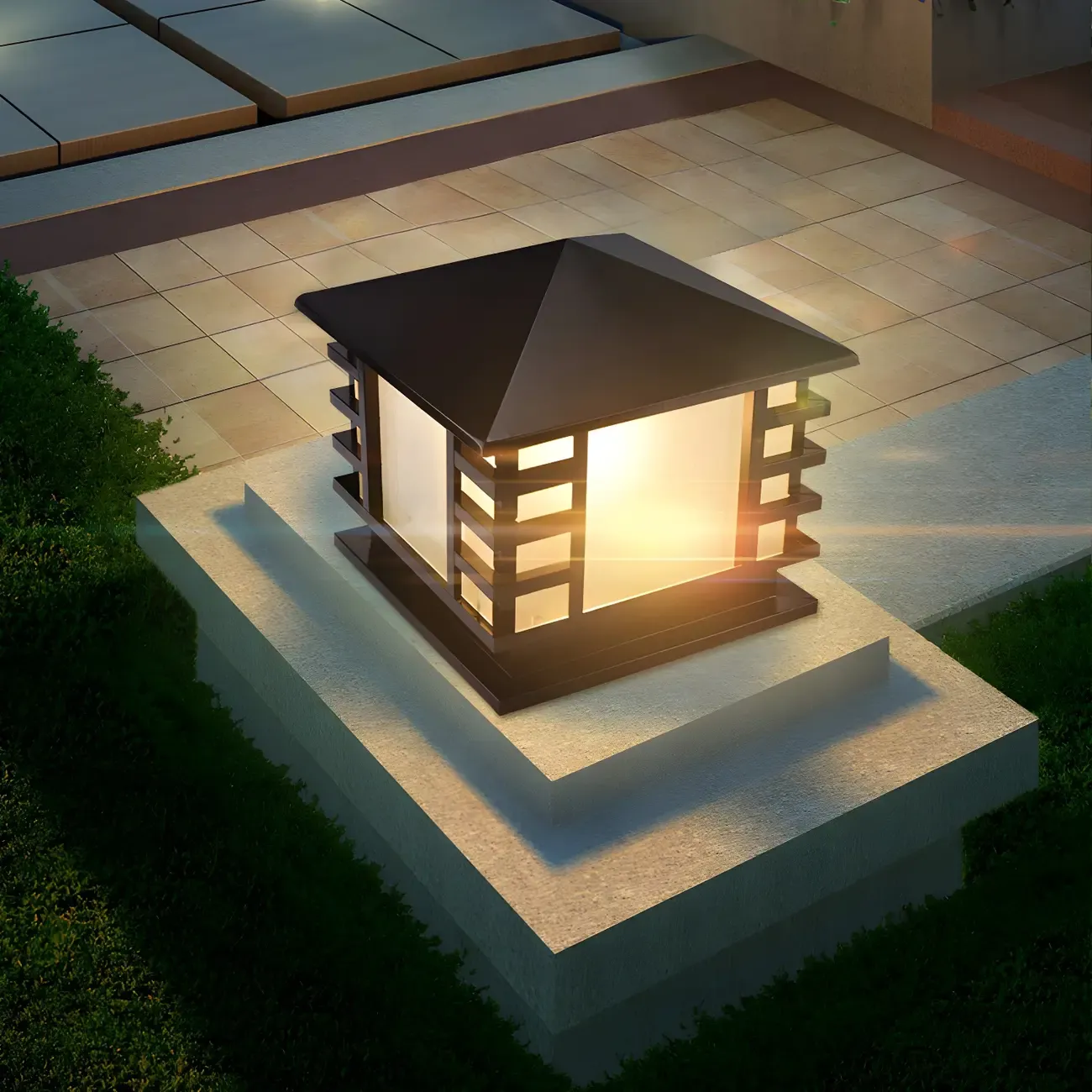 Solar Lantern-Shape Black Metal Post Cap Light Image - 3