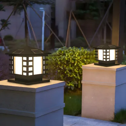 Solar Lantern-Shape Black Metal Post Cap Light Image - 11