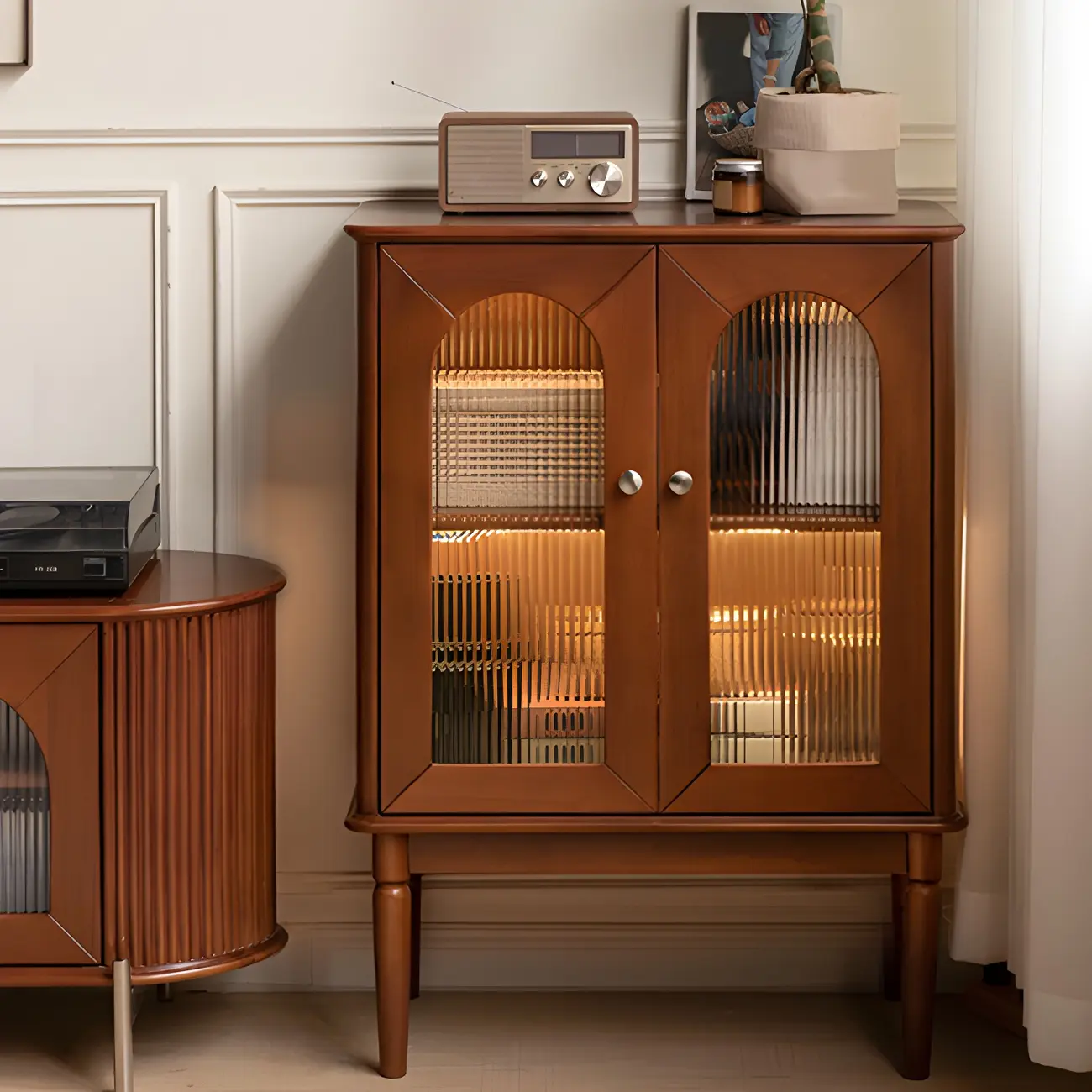 Elegant Wooden Display Cabinet with Glass Doors and Lighting Image - 1 | homeyfad